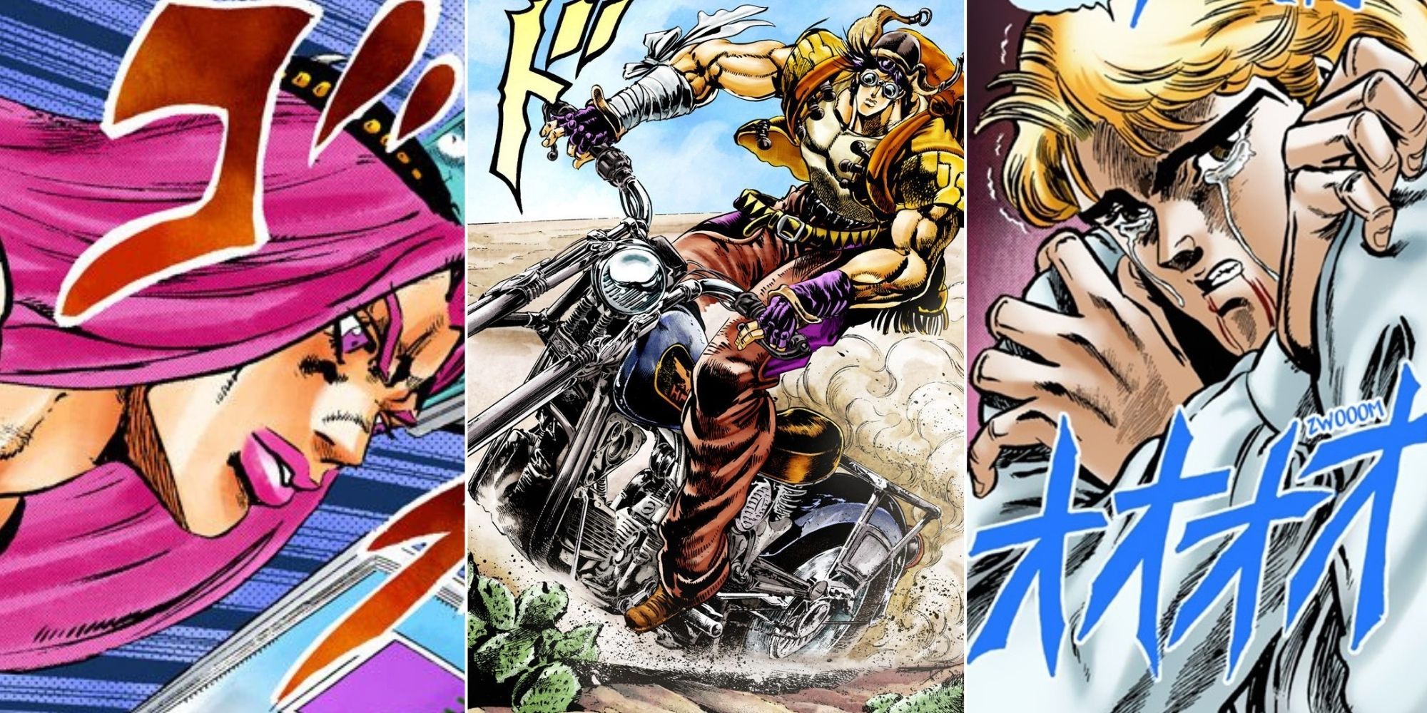 split image of manga panels of Anasui, Joseph on a motorcycle, and Dio crying