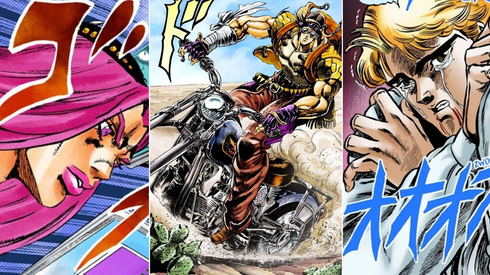 split image of manga panels of Anasui, Joseph on a motorcycle, and Dio crying