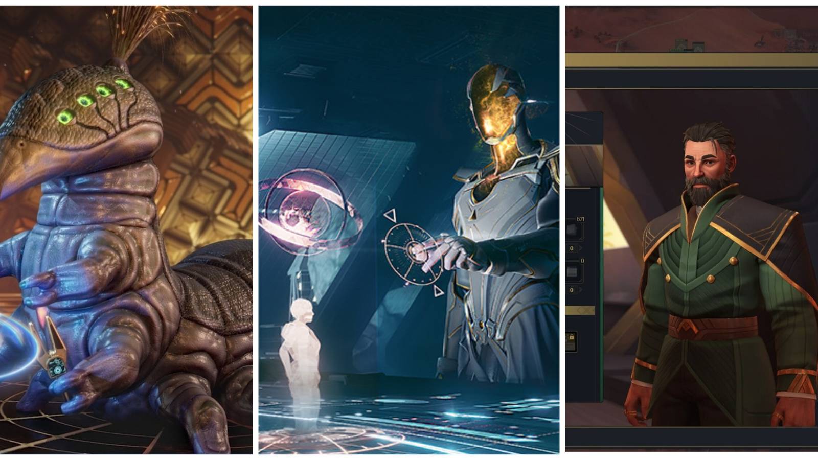 Screenshots and promotional art for Galactic Civilizations IV, Endless Space 2, and Dune: Spice Wars