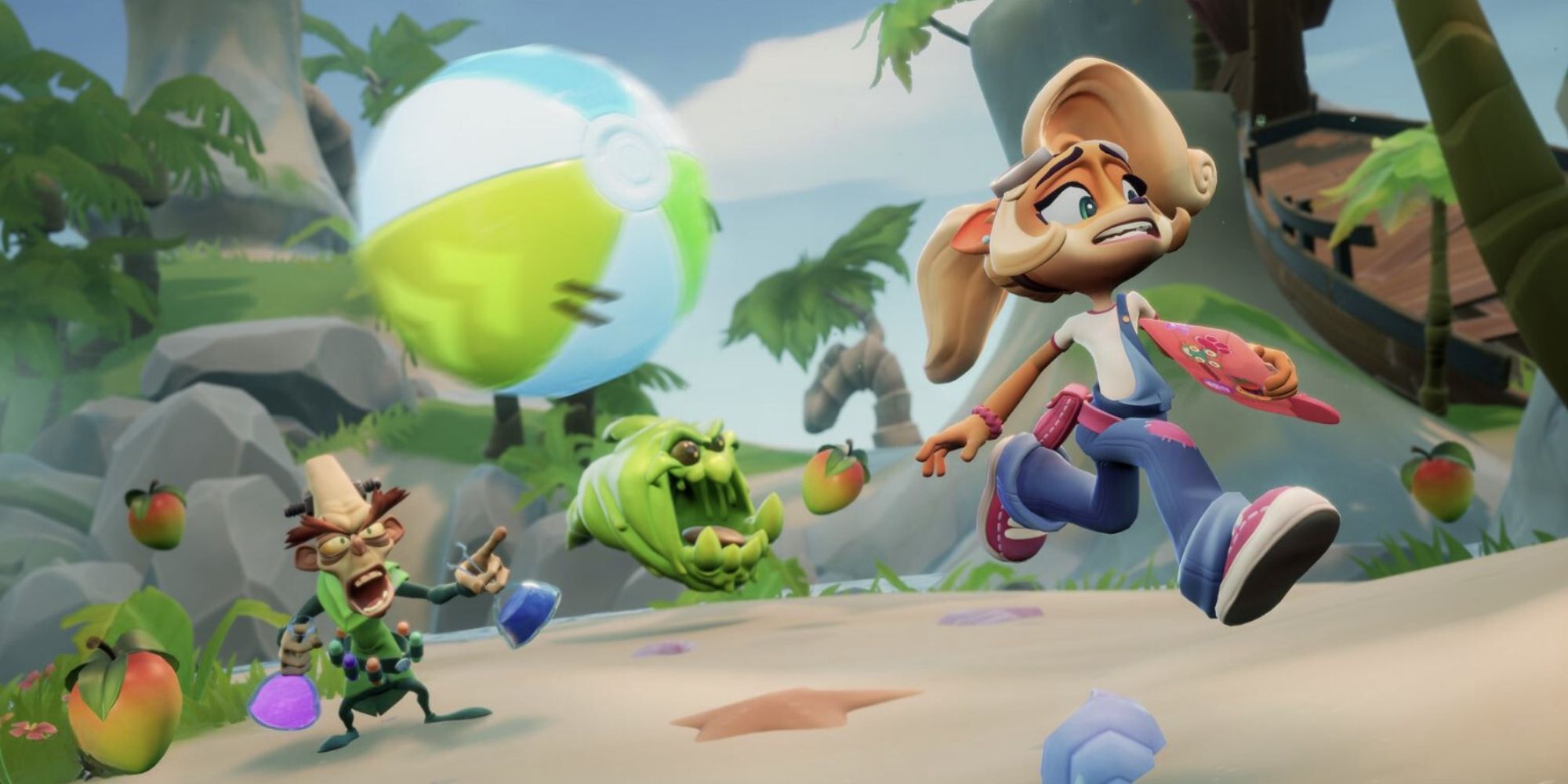 Coco Bandicoot running from an attacking N Brio in Crash Team Rumble