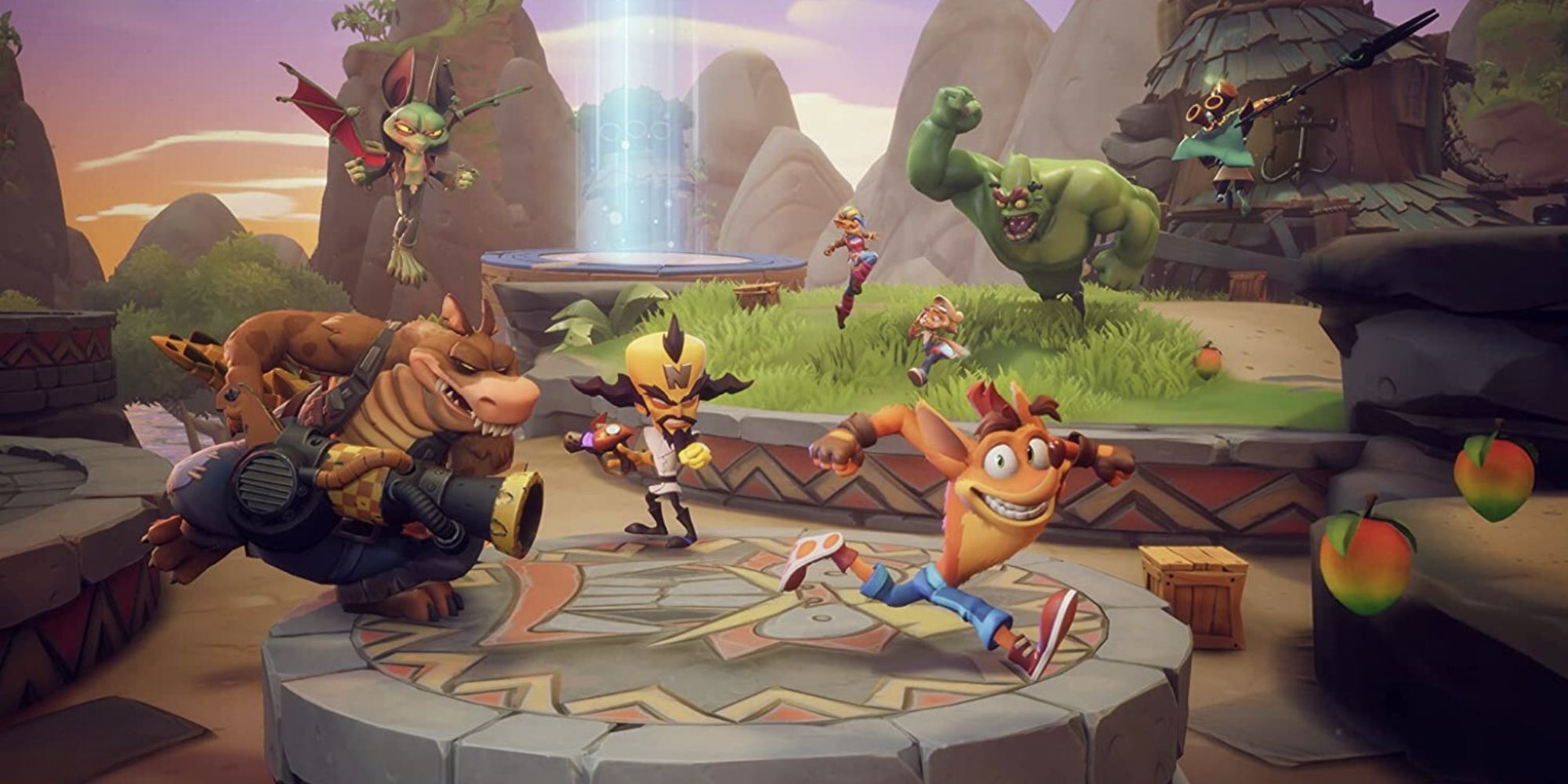 Crash Bandicoot running from Dingodile and Neo Cortex in Crash Team Rumble.