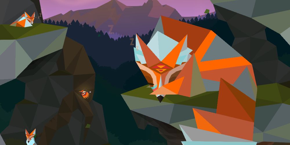 A small bird flying next to a giant fox on a ledge.