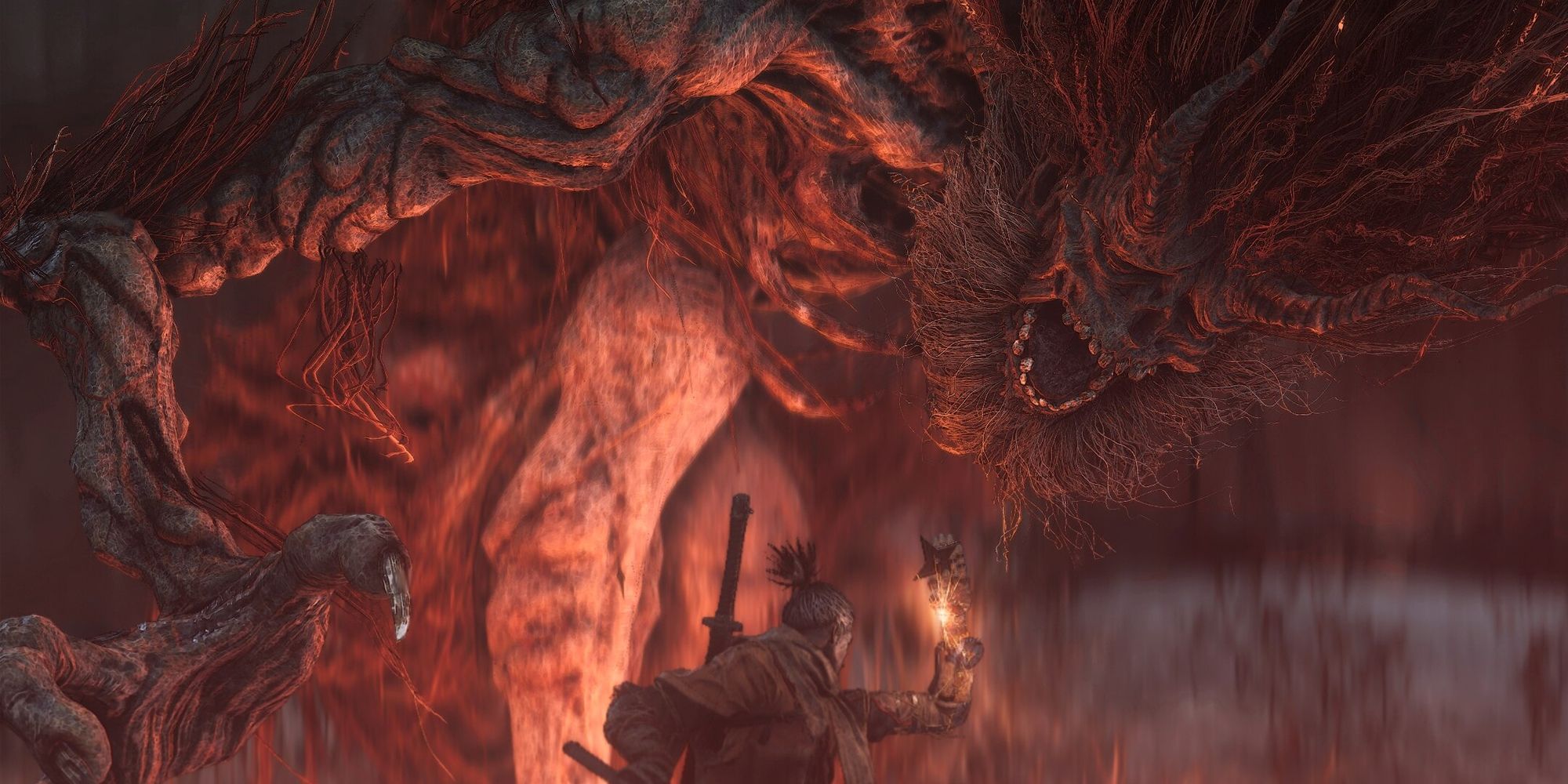 Sekiro Shadow Die Twice - Demon Of Hatred About To Slam Hand Down On Wolf