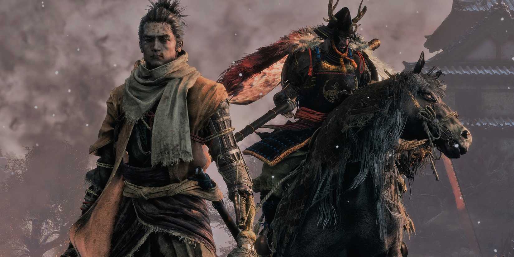 Sekiro Shadows Die Twice - Wolf Facing Camera With Gyobu Oniwa Behind Him