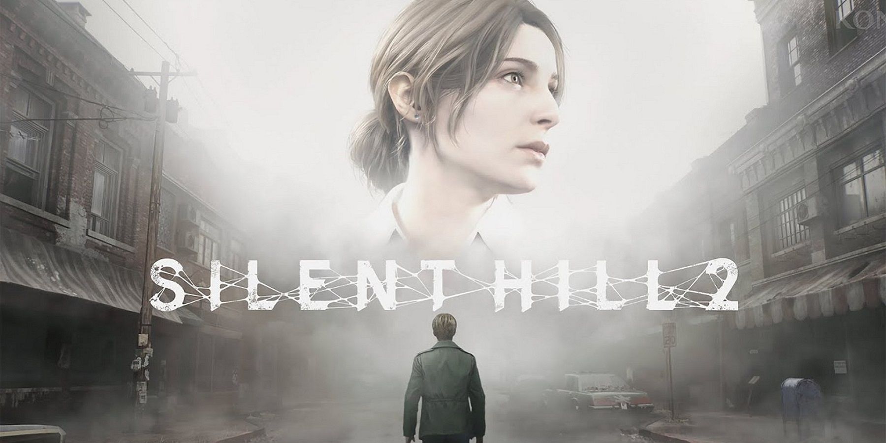 James Sunderland looking up at the Silent Hill 2 logo with the ghostly image of Mary in the sky.