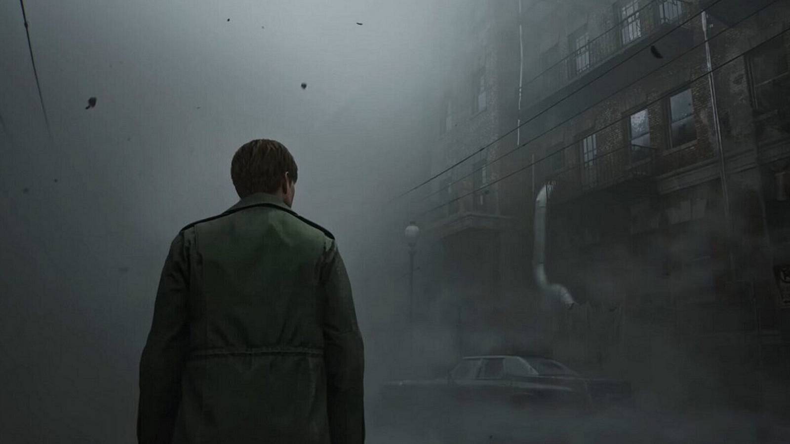 Image from the Silent Hill 2 remake showing James Sunderland walking through the titular foggy town.