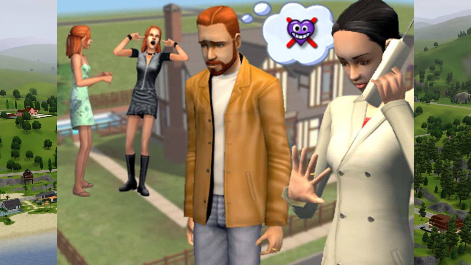 The Pleasant Family photo from Sims 2 against Sunset Valley from Sims 3