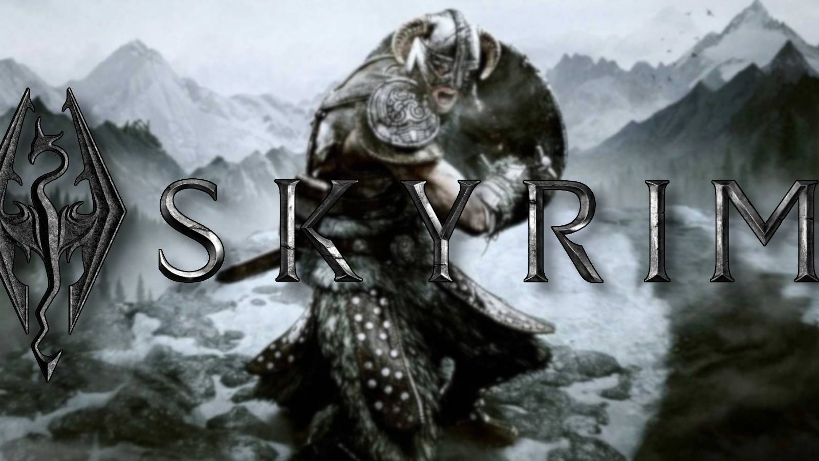 The Skyrim logo with the Dragonborn behind it in a fighting pose.