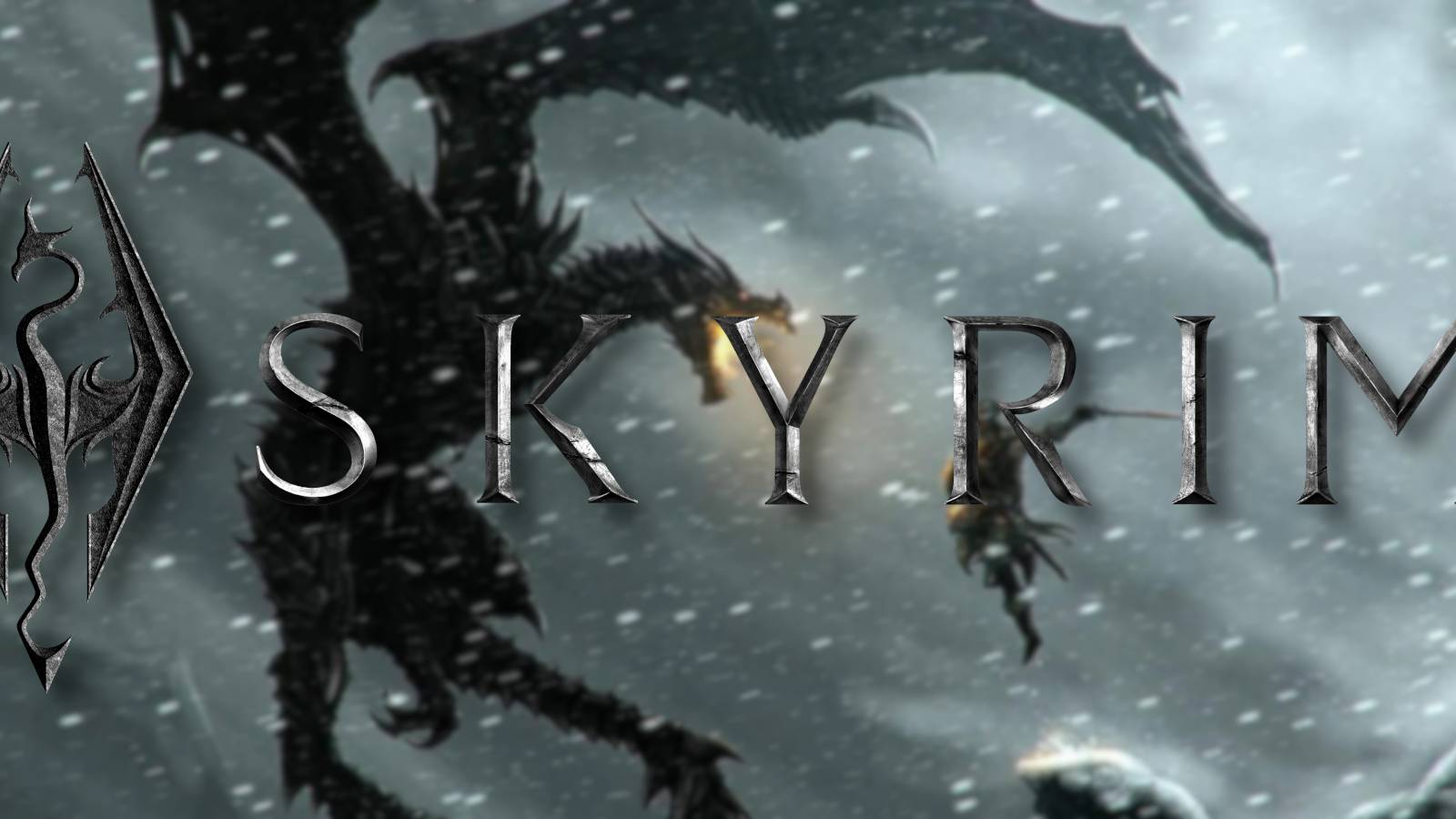 Skyrim logo with an intense battle between the Dragonborn and a dragon about to take place.