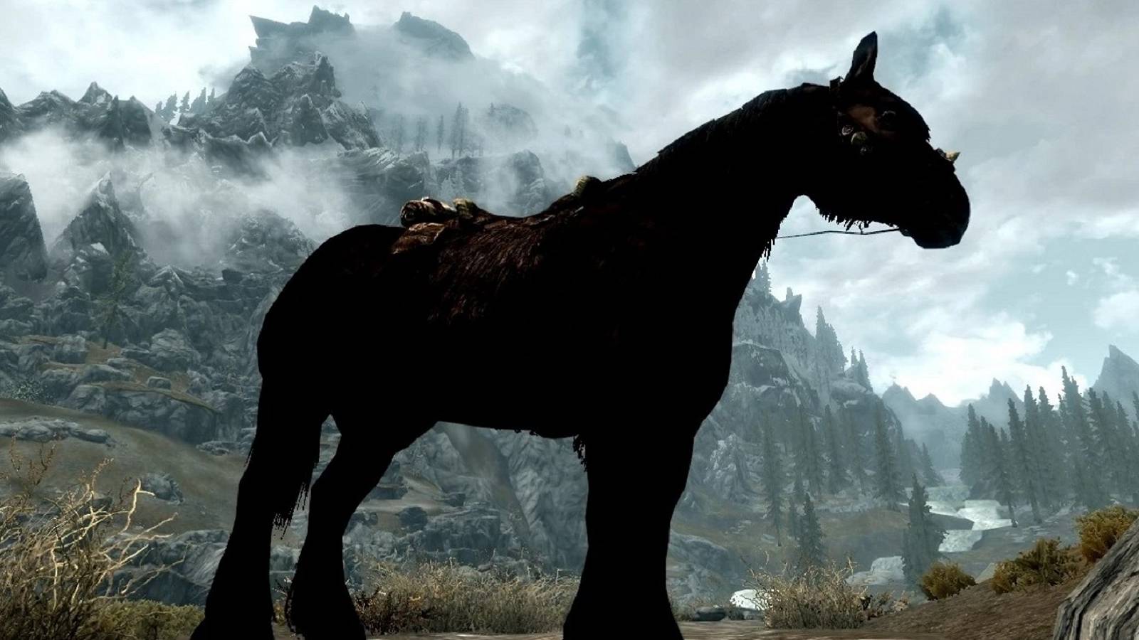 Image from Skyrim of a powerful looking horse with High Hrothgar in the background.