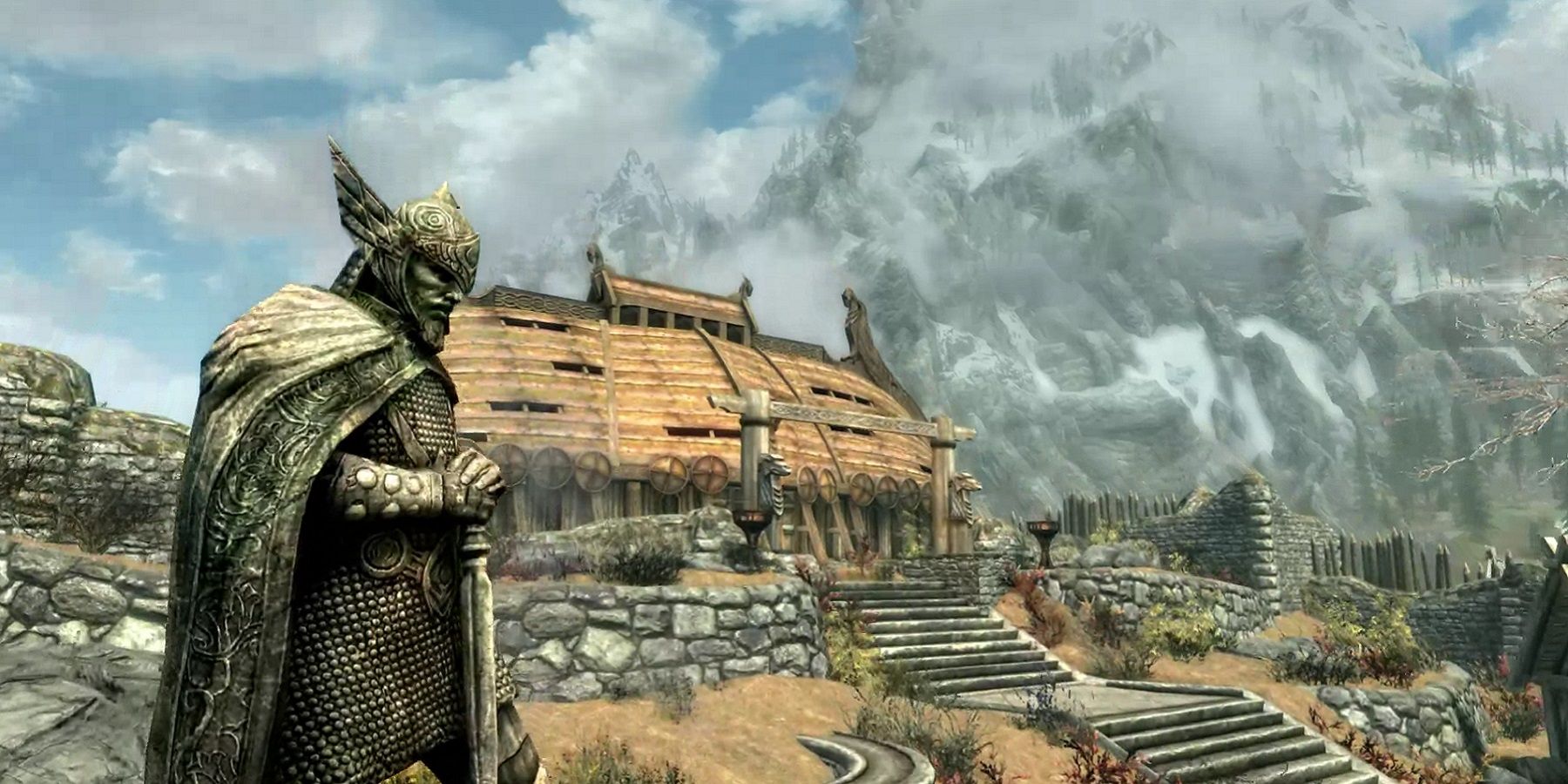 Image from Skyrim showing Talos in front of the Companion's building in Whiterun.