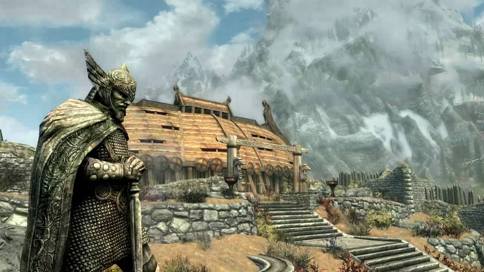 Image from Skyrim showing Talos in front of the Companion's building in Whiterun.