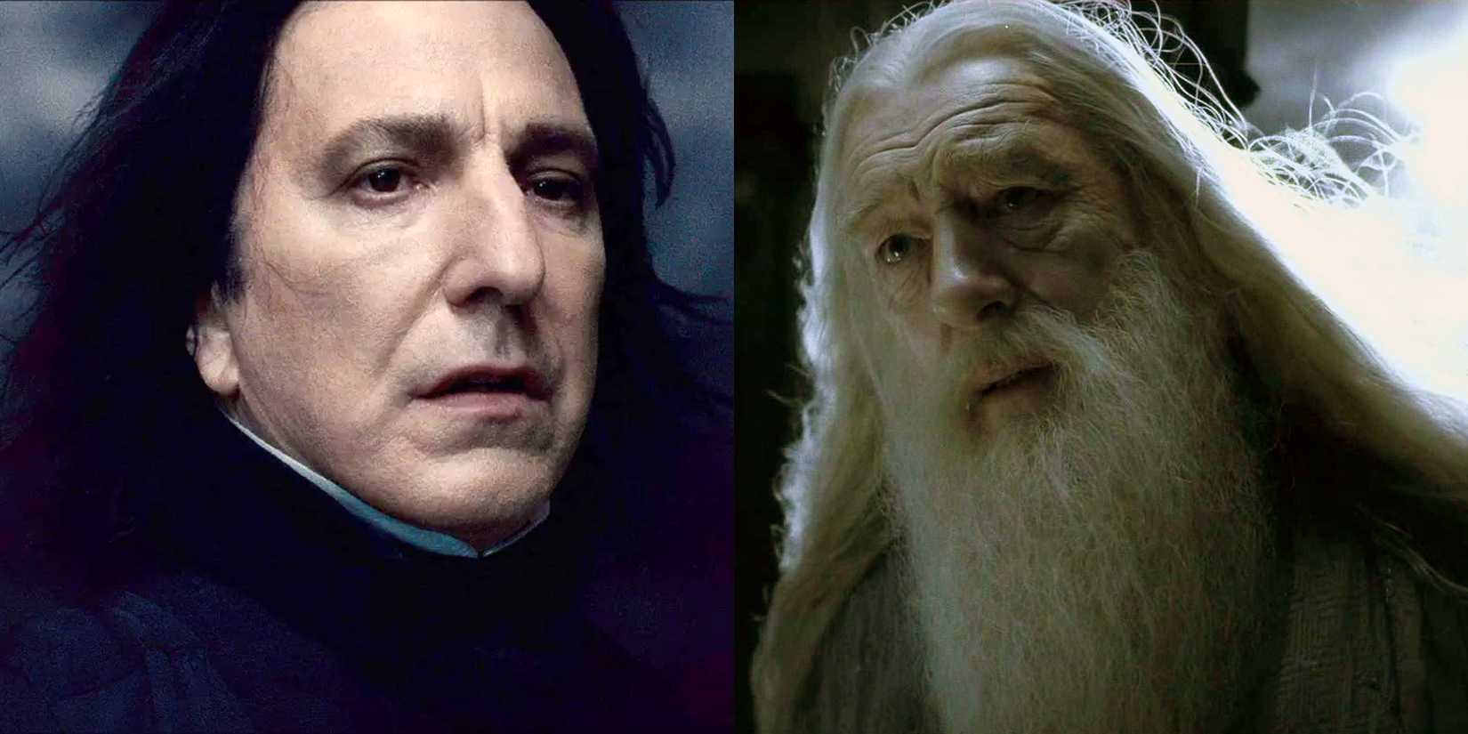 Split image of Snape and Dumbledore in Harry Potter.