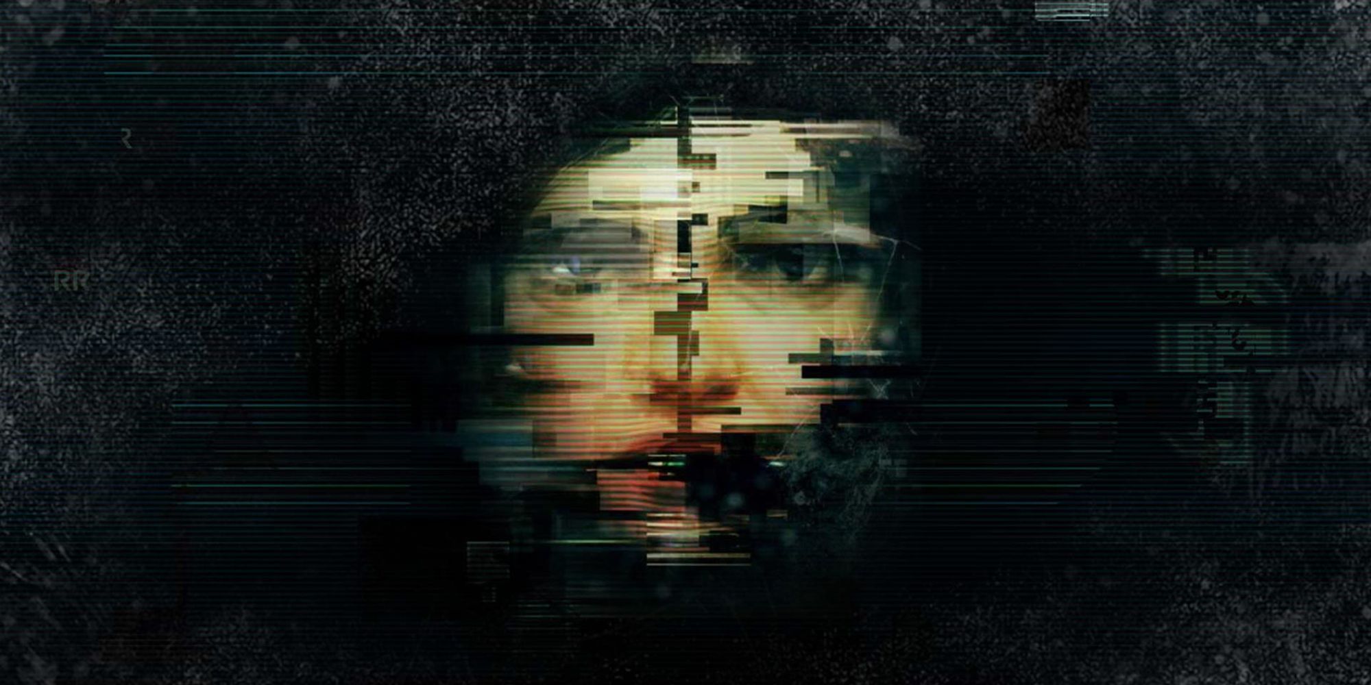 A digital face of a human split down the middle and warped.
