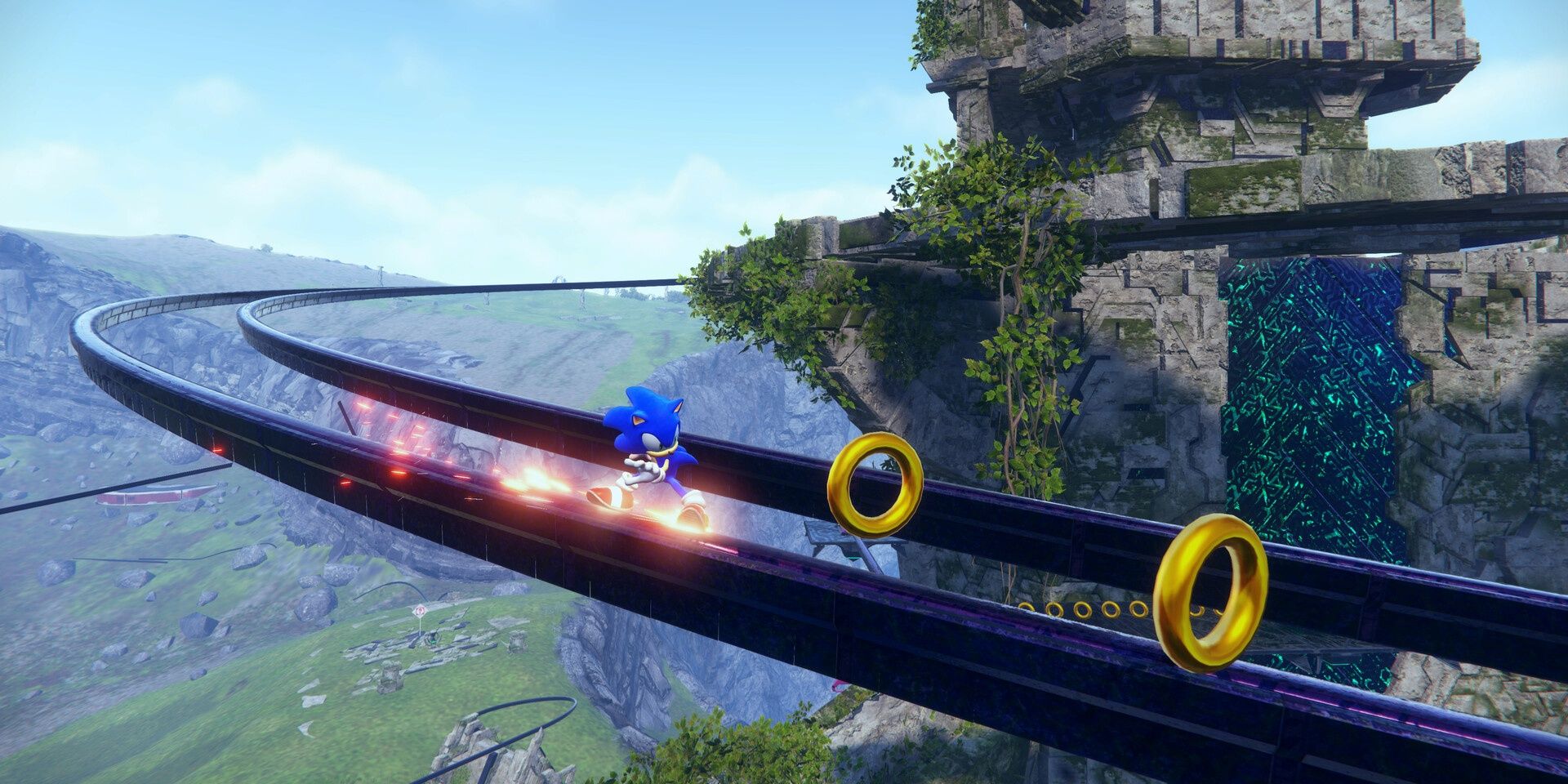 Sonic grinding on rails retrieving rings in Sonic Frontiers