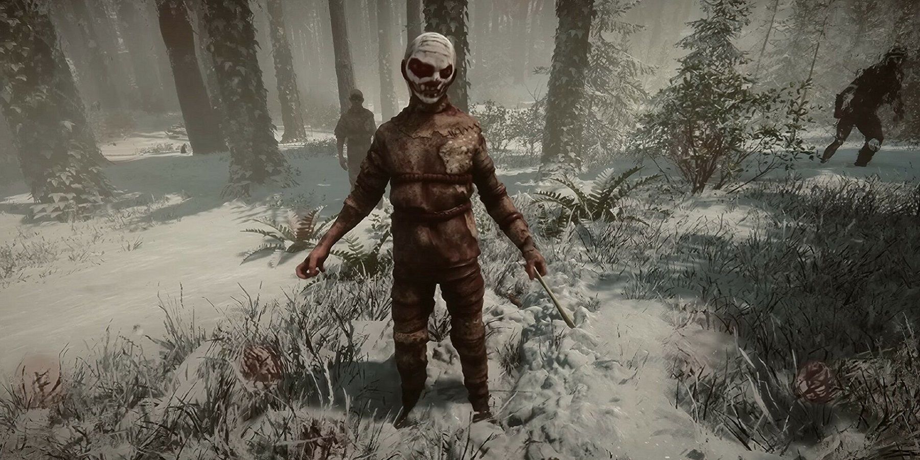 Image from Sons of the Forest showing a cannibal stood in the middle of the snowy titular forest.