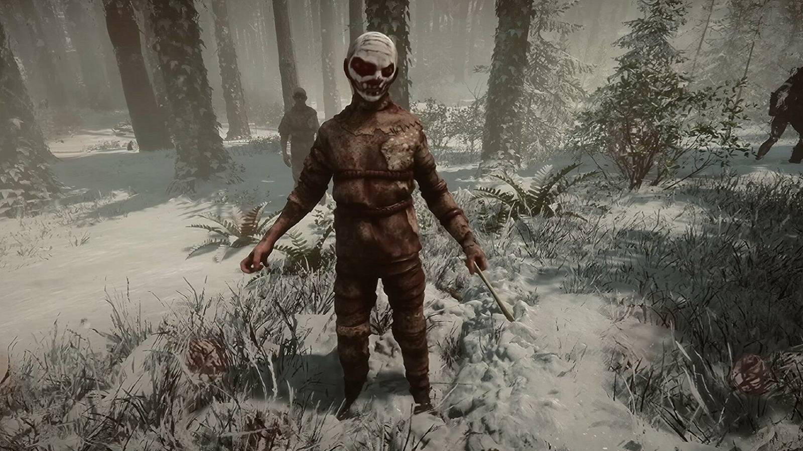 Image from Sons of the Forest showing a cannibal stood in the middle of the snowy titular forest.