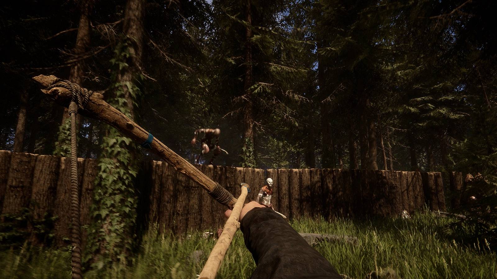 Image from Sons of the Forest showing the player about to fire an arrow at some cannibals.