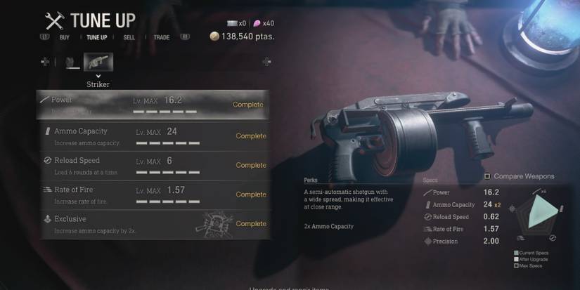 The Striker in the Tune Up menu in Resident Evil 4 remake