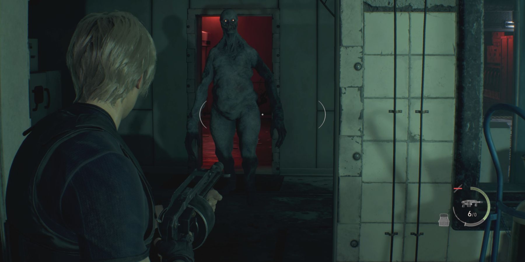 Leon aims the Striker at a Regenerador in Resident Evil 4 remake
