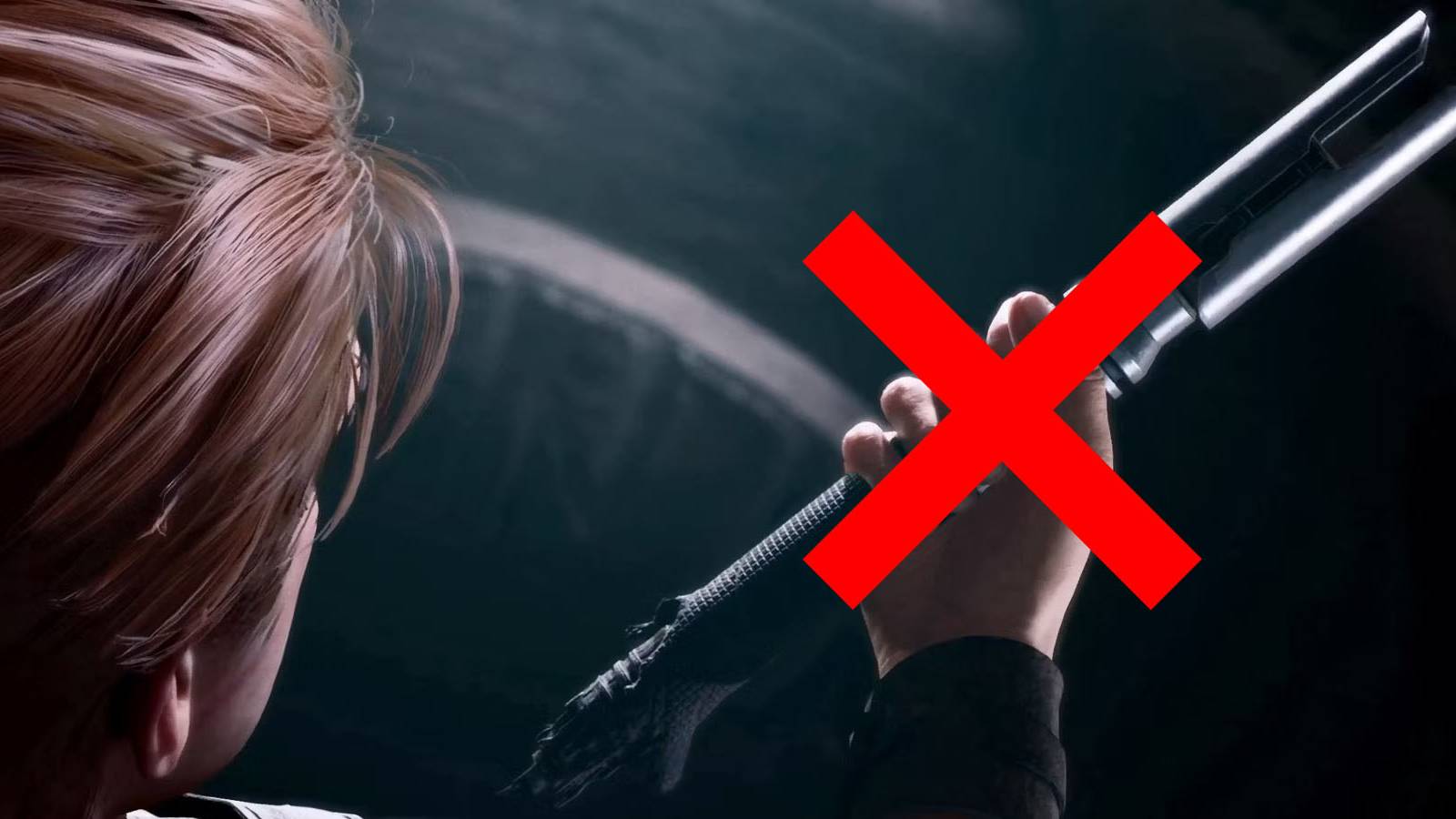 A screenshot of Cal Kestis holding his lightsaber in Star Wars Jedi: Fallen Order, with a red X overtop it.
