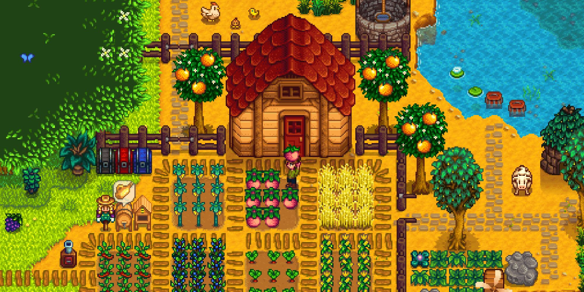 A farm on Stardew Valley full of many different crops. 