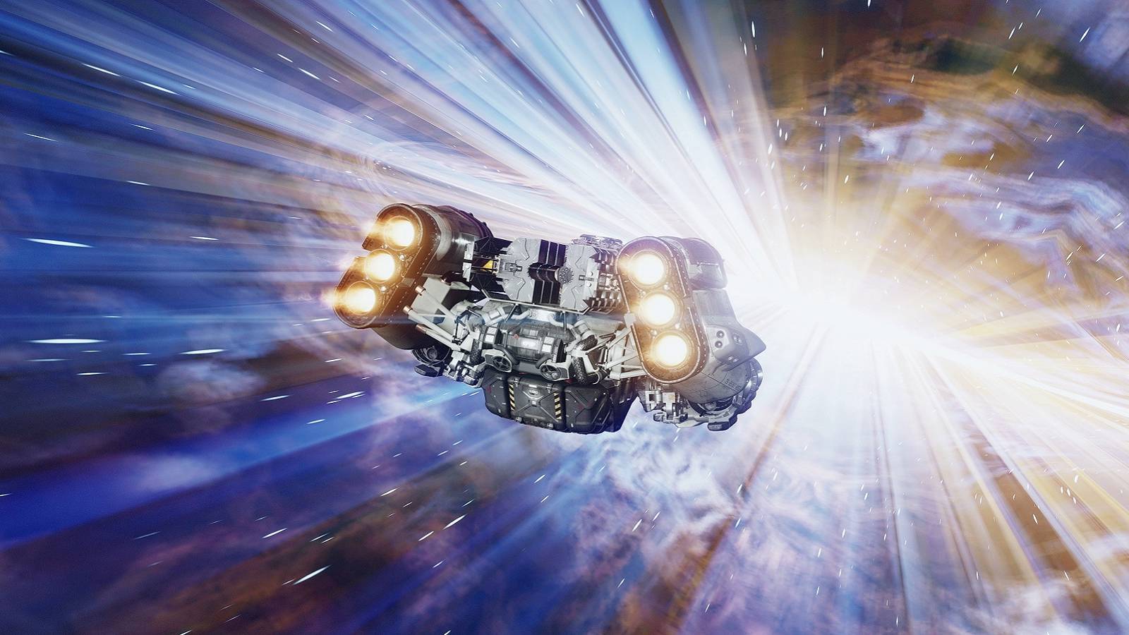 Image from Starfield showing a spaceship about to travel interstellar.