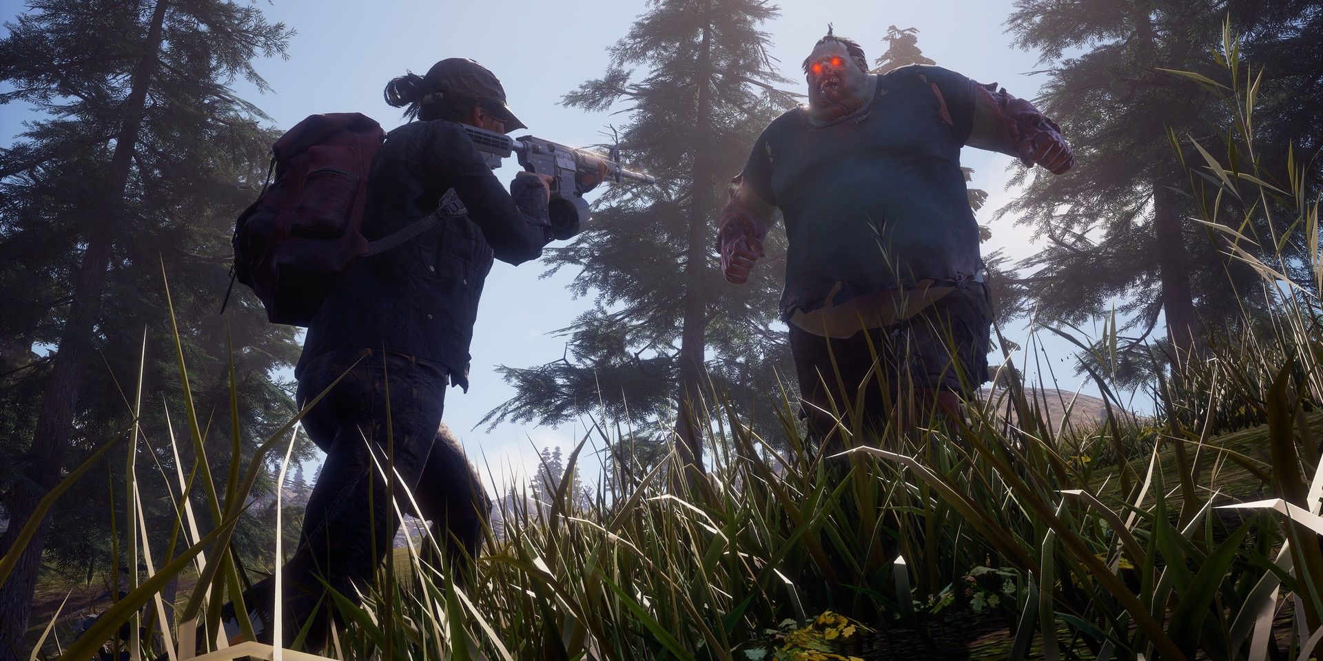 A giant zombie running at a player character in State of Decay 2