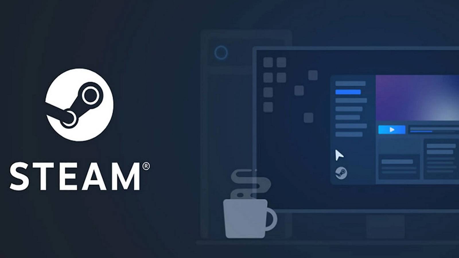 The Steam logo with an image of a screen and a mug of coffee to one side.