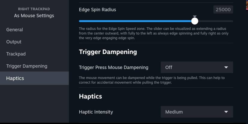 Steam Deck game haptics menu