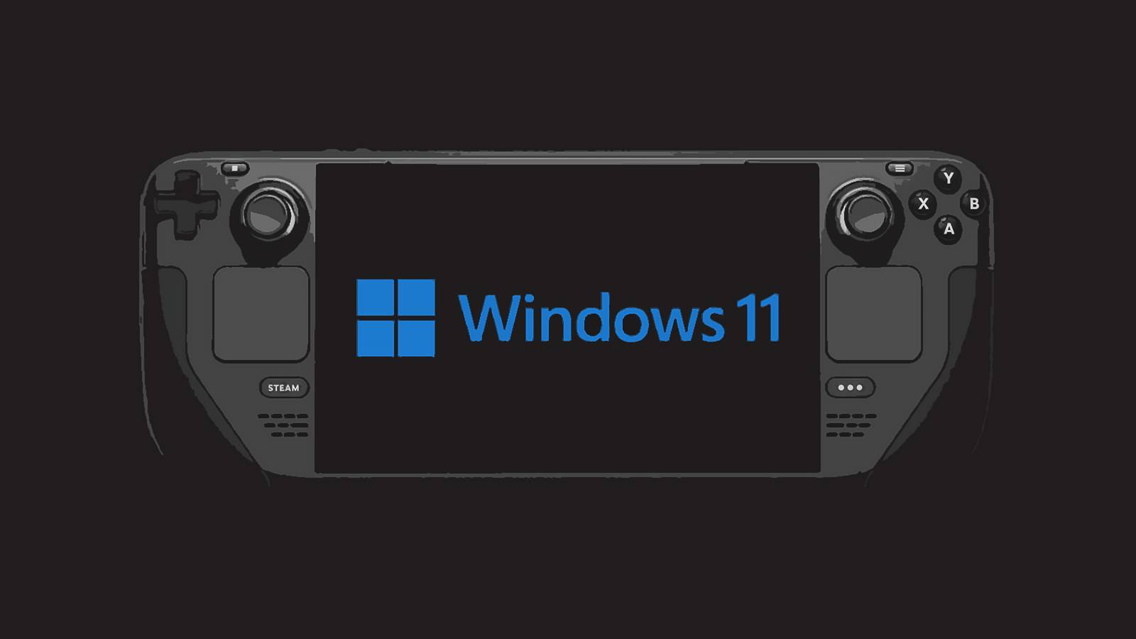 Steam Deck with blue Windows 11 logo stylized