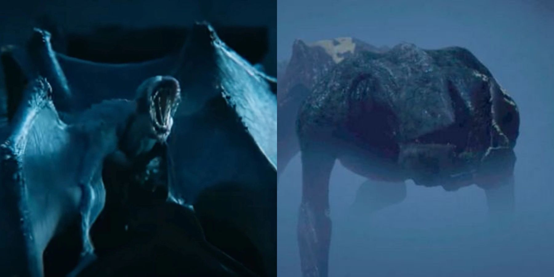 Split image of a demobat and demodog in Stranger Things