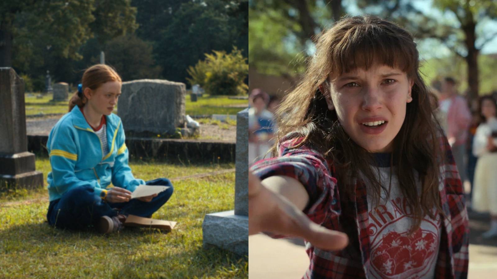 Split image of Max in a cemetery and Eleven using her powers in Stranger Things