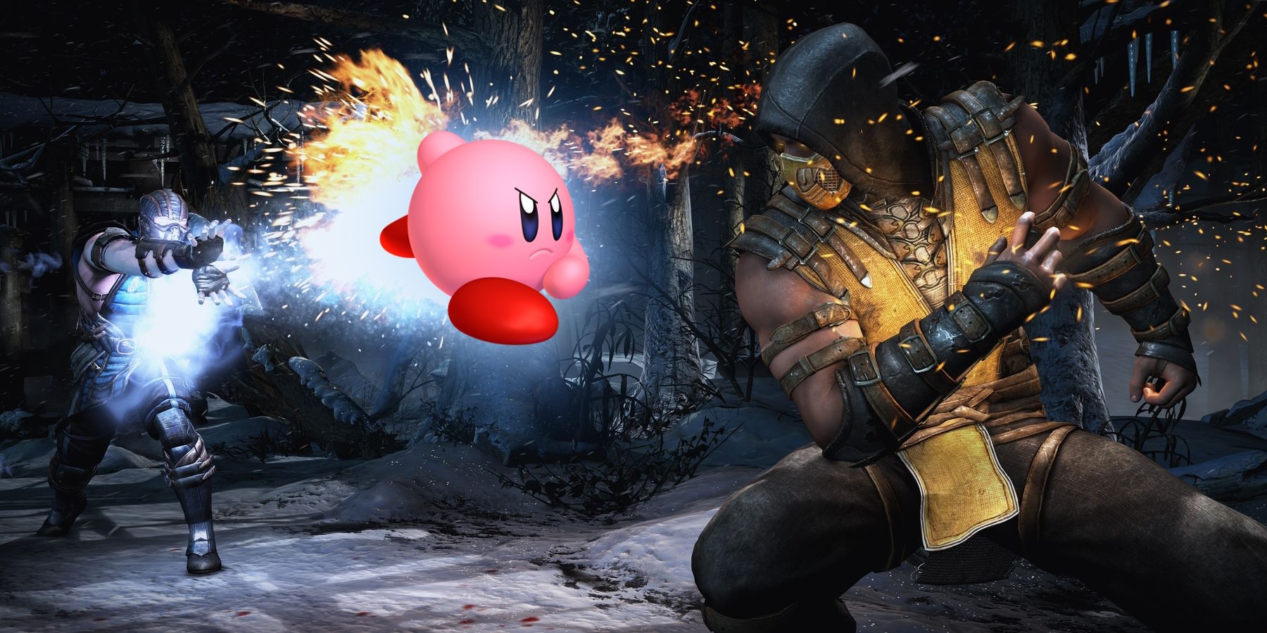 Sub-Zero and Scorpion from Mortal Kombat 11 with Kirby superimposed over the fight