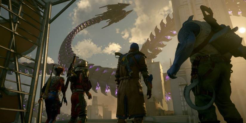 A screenshot of Task Force X watching one of Brainiac's tentacles wreck Metropolois in Suicide Squad: Kill the Justice League