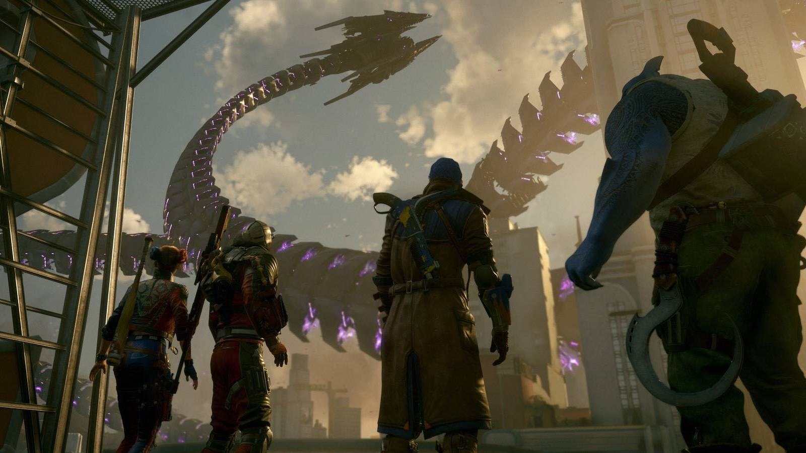 A screenshot of Task Force X watching one of Brainiac's tentacles wreck Metropolois in Suicide Squad: Kill the Justice League