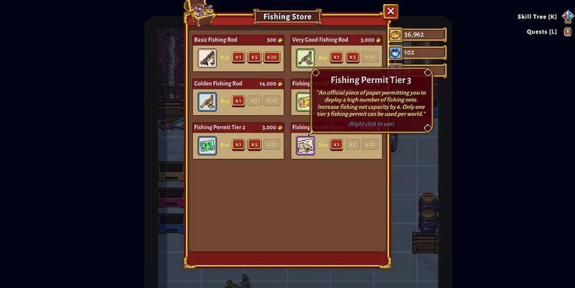 The inventory of Peter's Fishing Store in Sun Haven