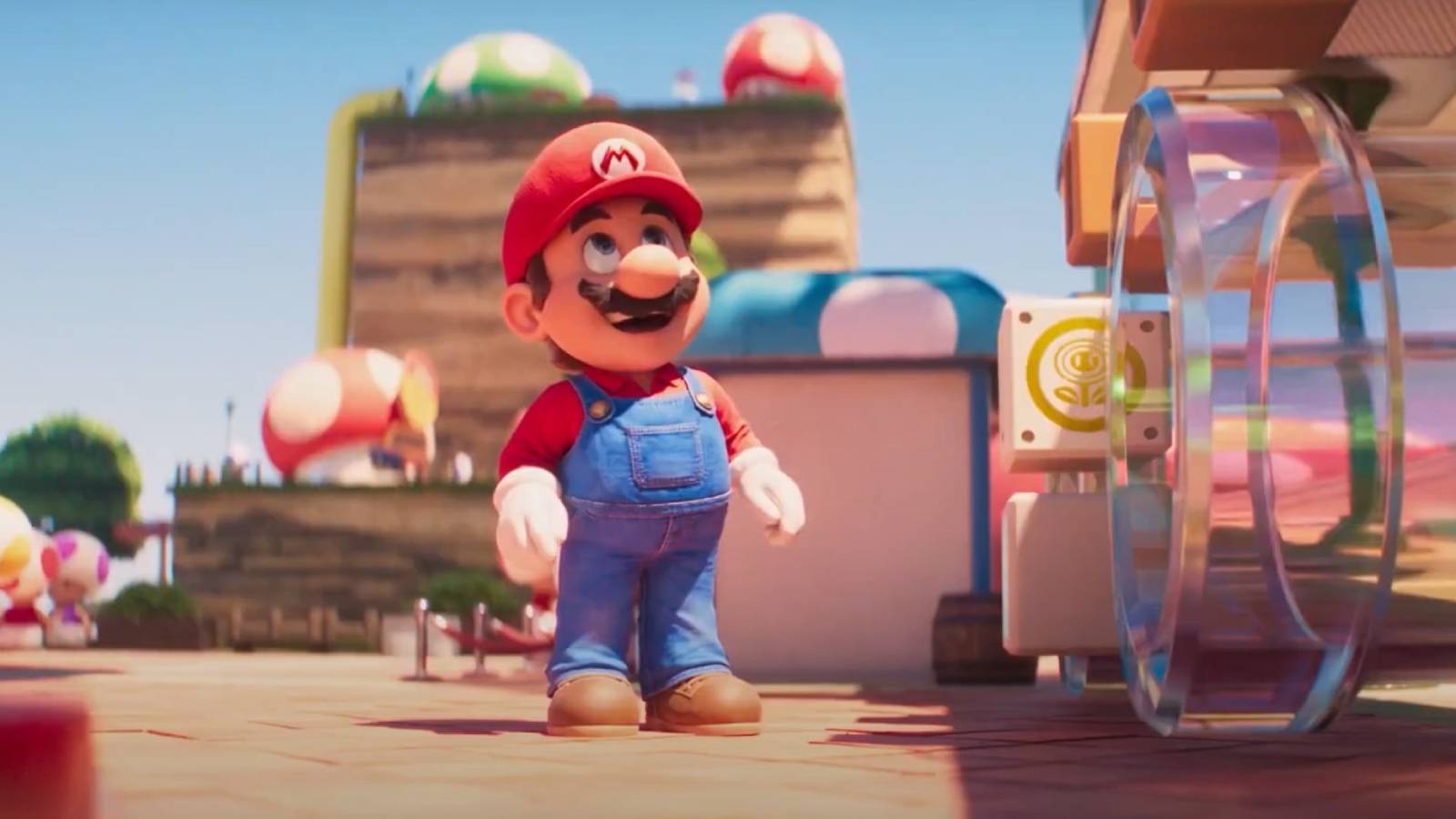 Mario in front of clear pipes in Super Mario Bros. movie