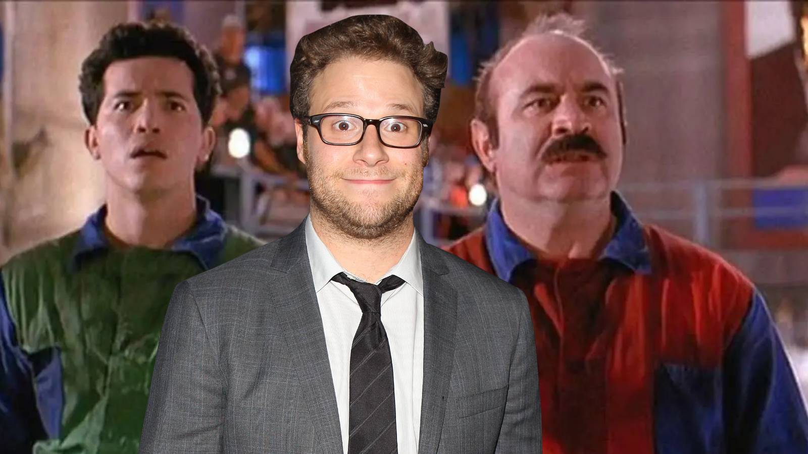 John Leguizamo and Bob Hoskins in 1993 Mario movie with Seth Rogen cutout