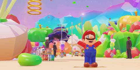 Mario landing a jump at the Luncheon Kingdom celebration in Super Mario Odyssey