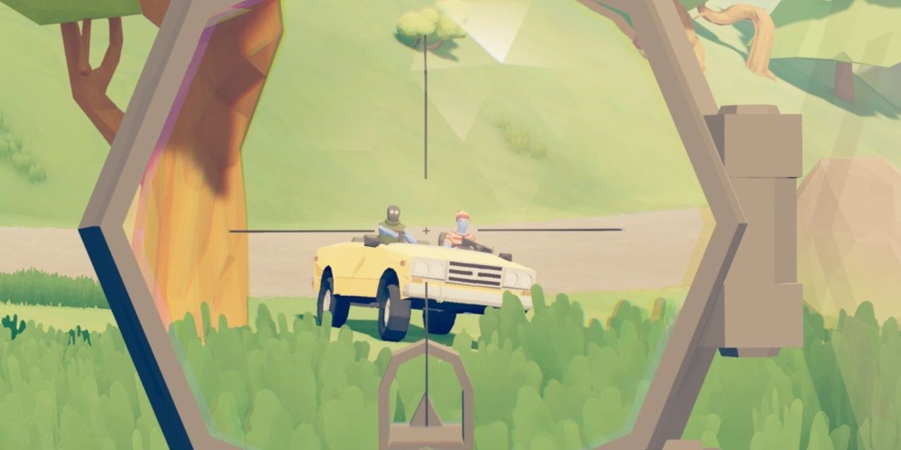 A player looking through a sniper scope at two people driving in car in Totally Accurate Battlegrounds