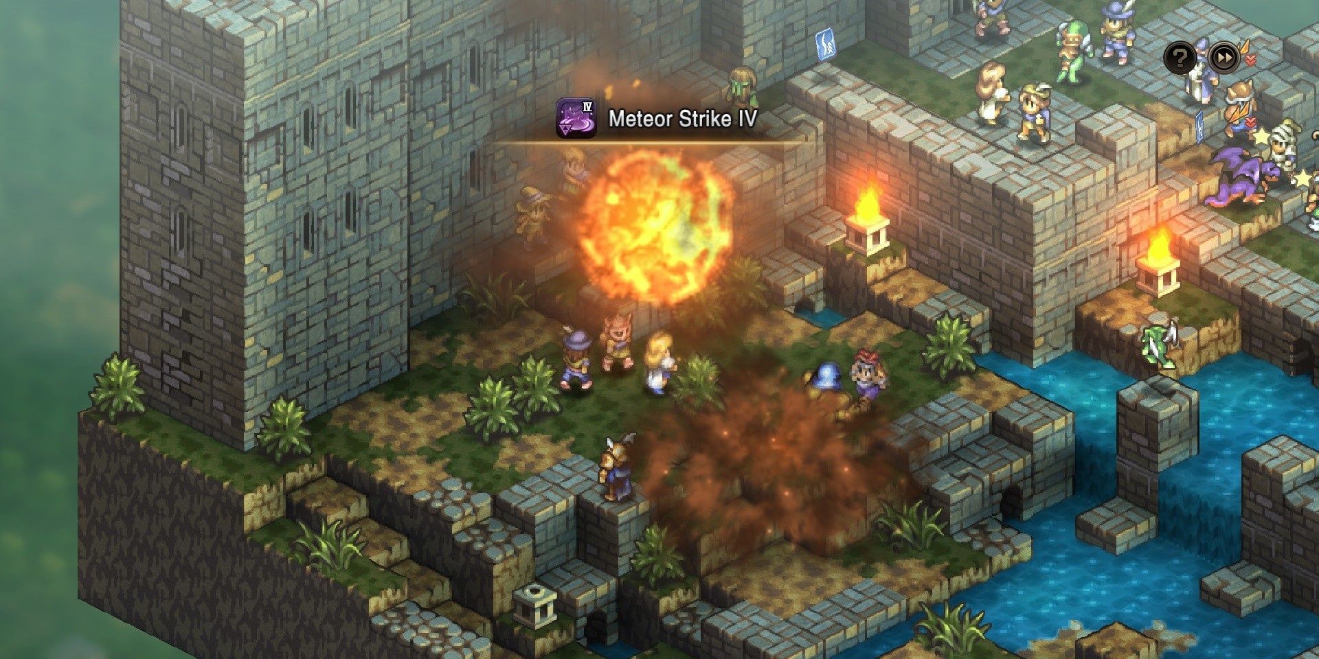 A Meteor Strike raining down on party members during a battle in Tactics Ogre: Reborn