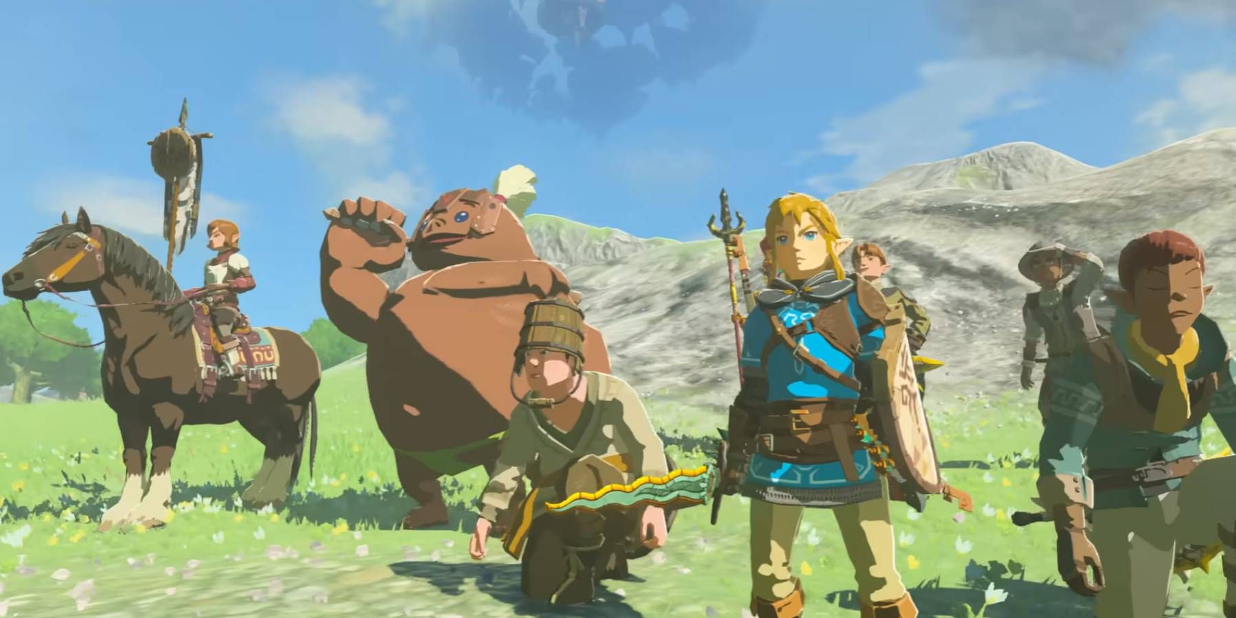 Link standing with several NPCs in The Legend of Zelda: Tears of the Kingdom