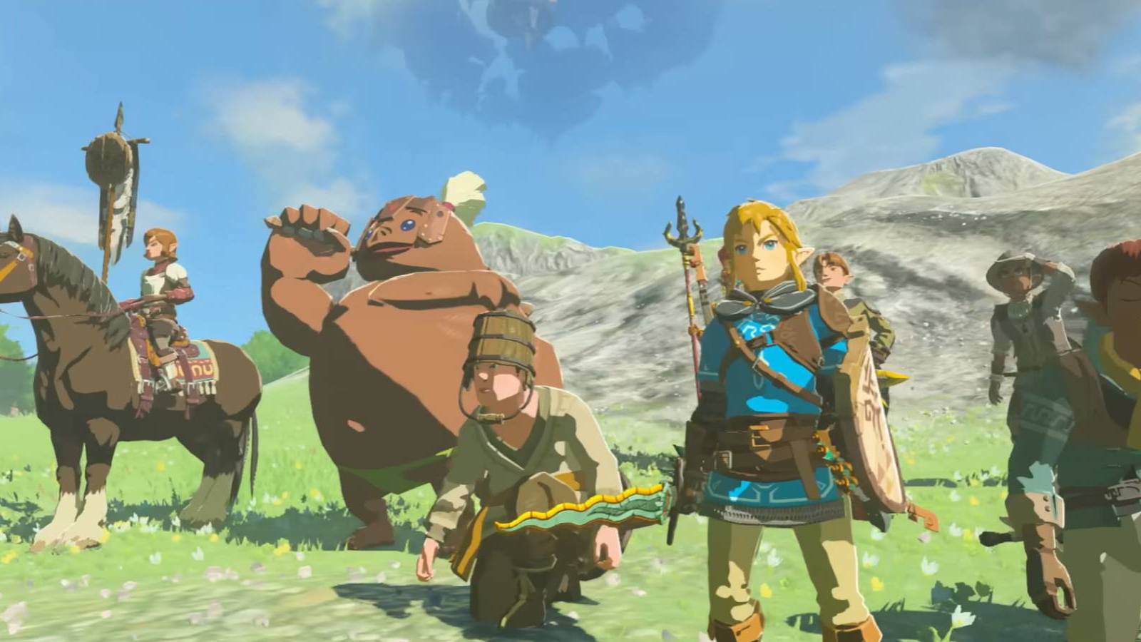 Link standing with several NPCs in The Legend of Zelda: Tears of the Kingdom