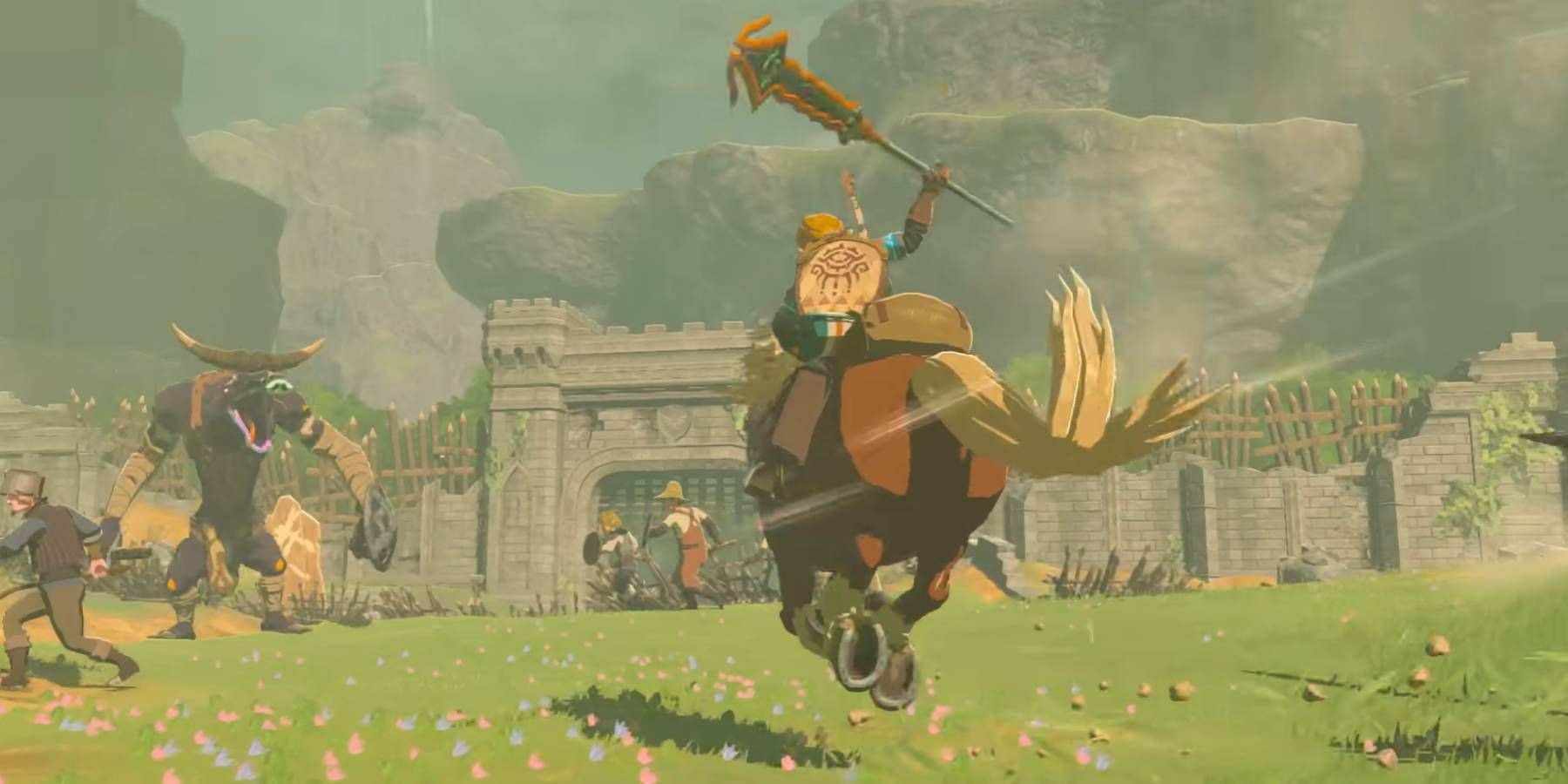 Link charging to help some villagers in battle in The Legend of Zelda: Tears of the Kingdom