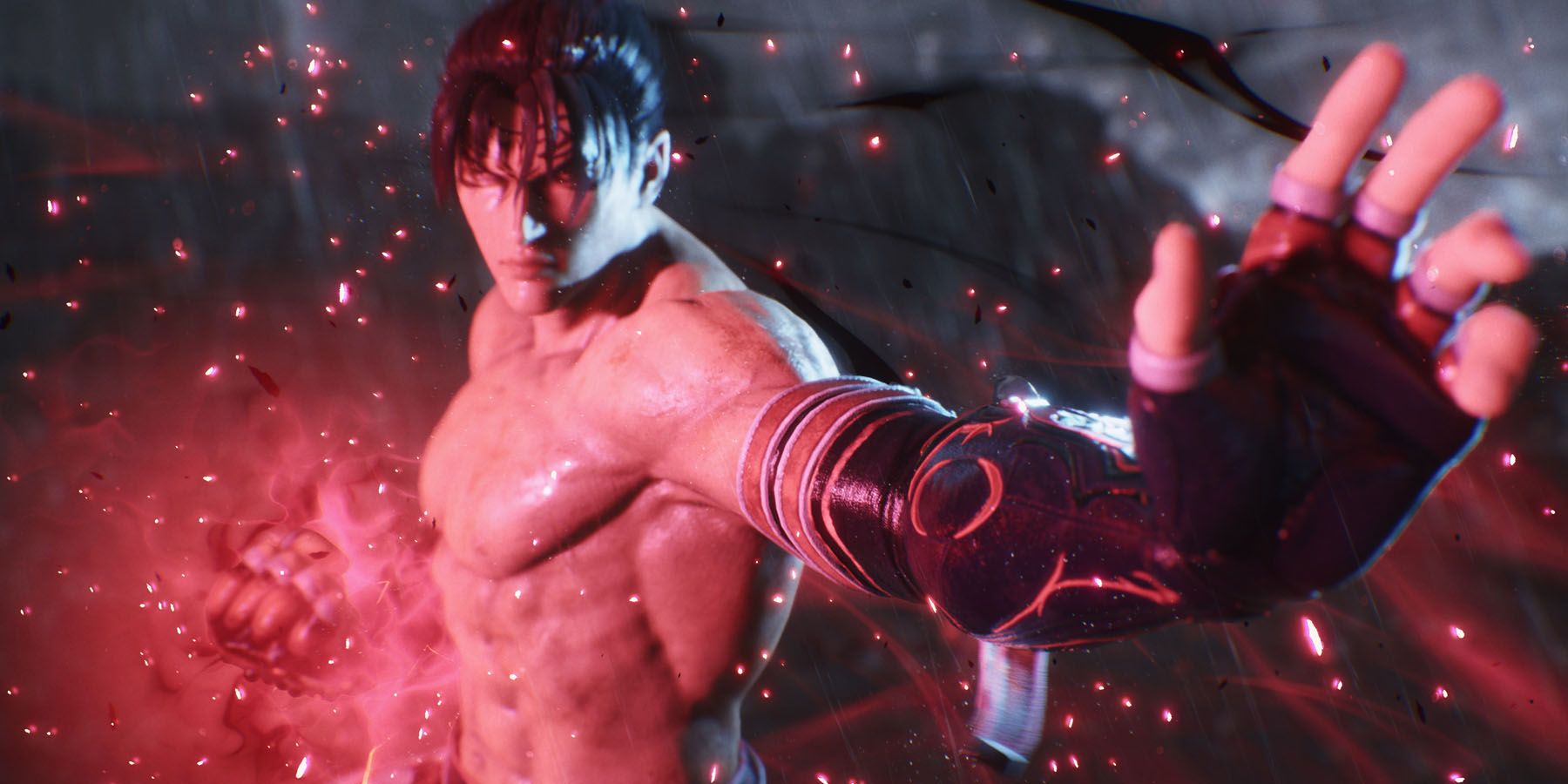 A screenshot of Jin Kazuma charging his attack in Tekken 8.