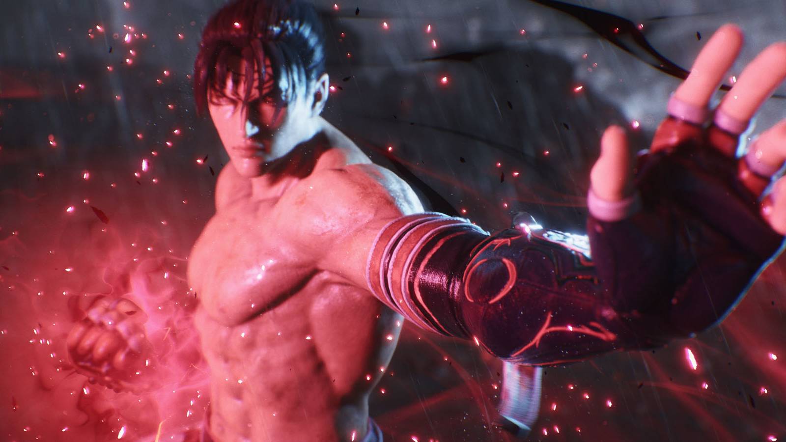A screenshot of Jin Kazuma charging his attack in Tekken 8.