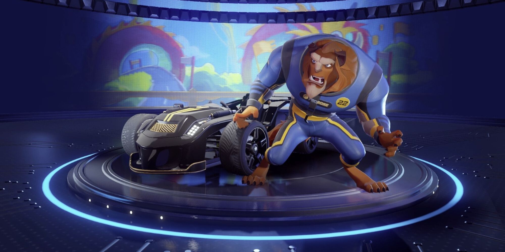 The Beast standing next to his kart in Disney Speedstorm