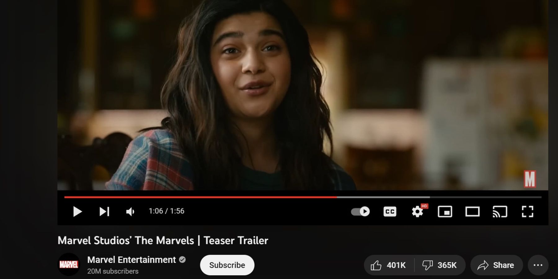 Screenshot of The Marvels Youtube trailer dislikes