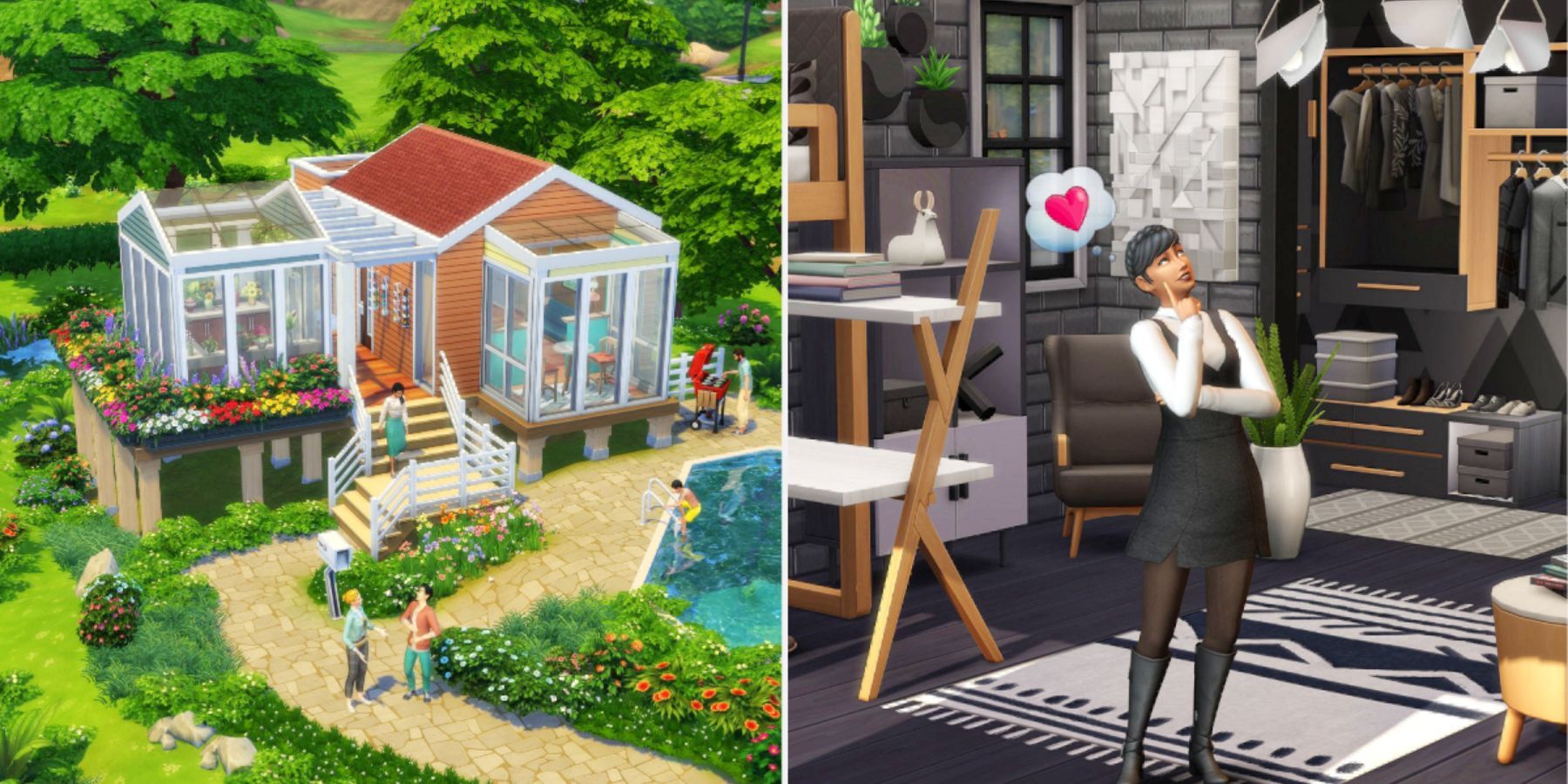 A small green house and a sim in The Sims 4